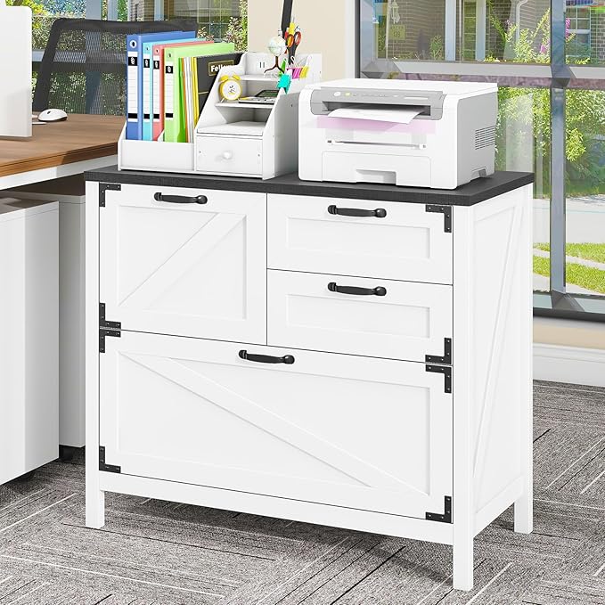 Lateral File Cabinet with 4 Drawers Farmhouse File Cabinet for Letter/Legal/A4 Size Hanging Files, Large Wood File Storage Cabinets Printer Stand for Home Office Cabinet, White and Black