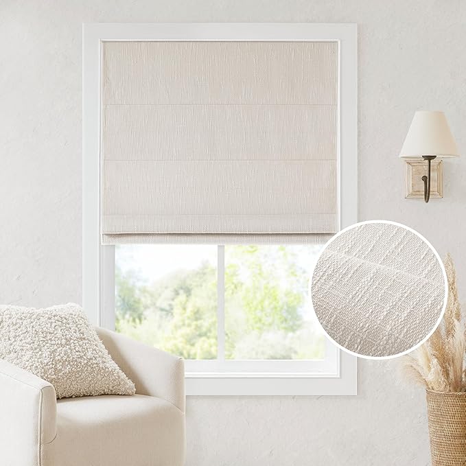 Madison Park Cordless Roman Shades, Total Blackout Window Blind Privacy Window Shades, Thermal Insulated Cordless Window Treatment for Bedroom, Living Room, Quincy, Single Panel 33" W X 64" H Linen