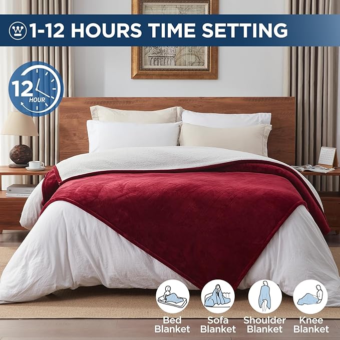 Westinghouse Electric Blanket Full, Heated Blanket Full Size with 10 Heating Levels and 1 to 12 Hours Heating Time Settings, Flannel to Sherpa Reversible, Machine Washable (80" x 84", Red)
