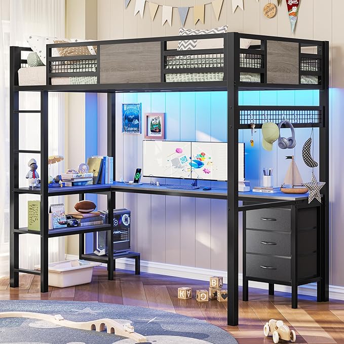 ADORNEVE Loft Bed Twin Size with L-Shaped Desk, LED Lights,Charging Station, Twin Metal Loft Bed Frame with Fabric Drawers & Shelve, 13.4" H Safety Guardrail, No Box Spring Needed, Grey