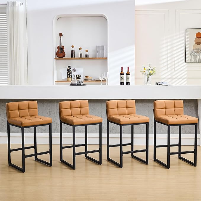 Bar Height Stools Set of 4, PU Leather Barstools Modern Counter Stools with Back and Thickened Metal Legs, Bar Chairs for Kitchen Island (Caramel Brown, 4Pcs 26" Bar Stools)