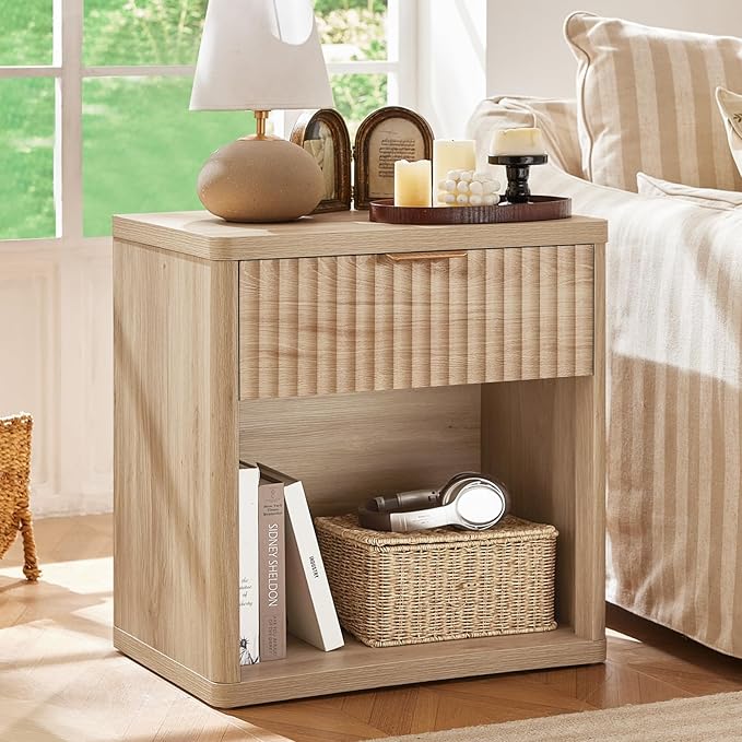 LEYAOYAO Fluted Nightstand with Charging Station, 23" Wide 1 Drawers Night Stand,Natural End Table with Open Storage,Farmhouse Bed Side Tables, Wood Dresser for Bedroom, Living Room, Closet