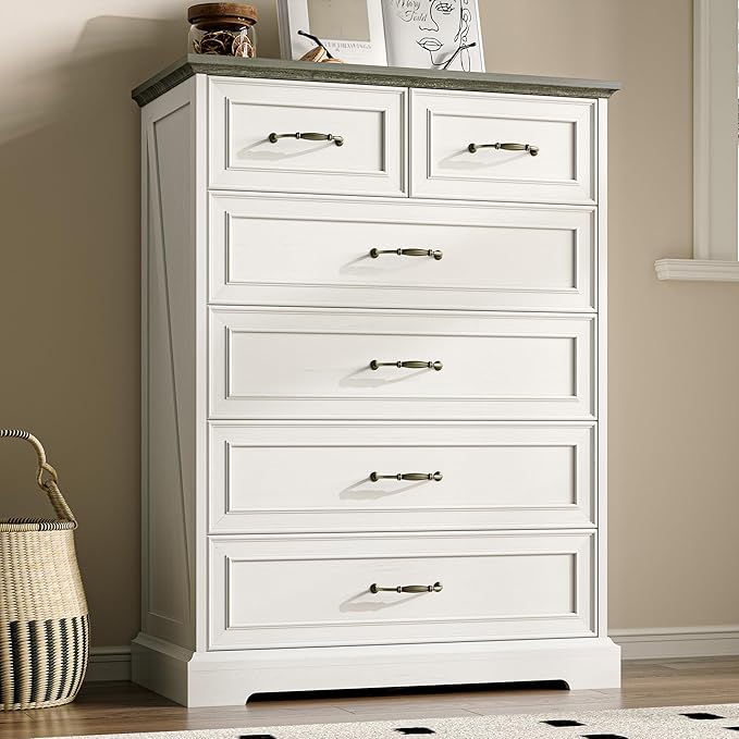 Farmhouse 6 Drawers Dresser for Bedroom, 43" Tall Modern Chest of Drawers with Deep Drawers & Bar Handles, Rustic Wood Dresser TV Stand, Wooden Closet Storage Organizer for Living Room, Hallway, White