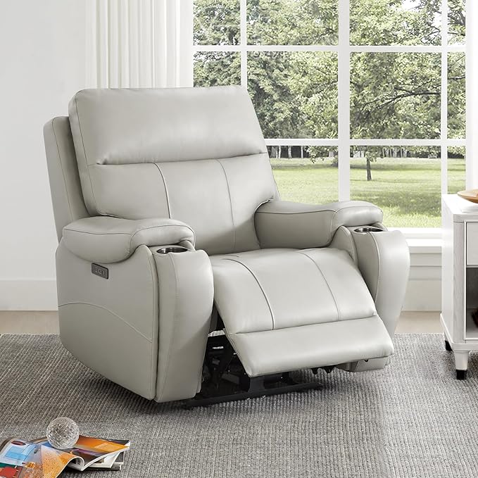 CHITA Large Power Zero Gravity Recliner Chair, Genuine Leather Recliner Chair for Adults with Adjustable Power Headrest and Hidden Slide-Out Cupholders, USB and Type-C Ports, Creamy Grey