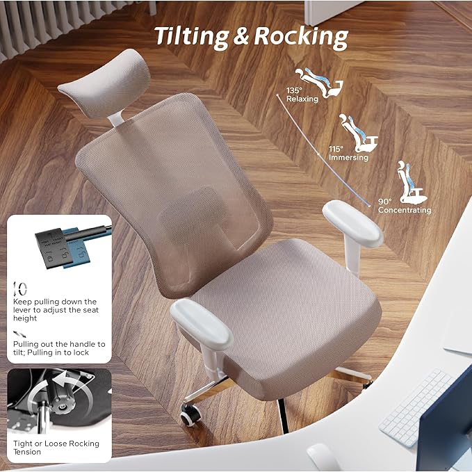 Ergonomic Office Chair, Mesh Desk Chair with Adjustable Headrest and 2D Armrest,Computer Chairs with Lumbar Support, Big and Tall Office Chair 400lbs, Large (01khaki)