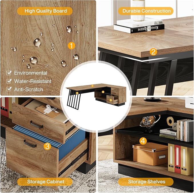 Tribesigns 71-Inch Executive Desk, L-Shaped Desk with Cabinet, Large Office Desk with Drawers and Storage Shelves, Writing Table Computer Desk for Home Office, Oak and Black