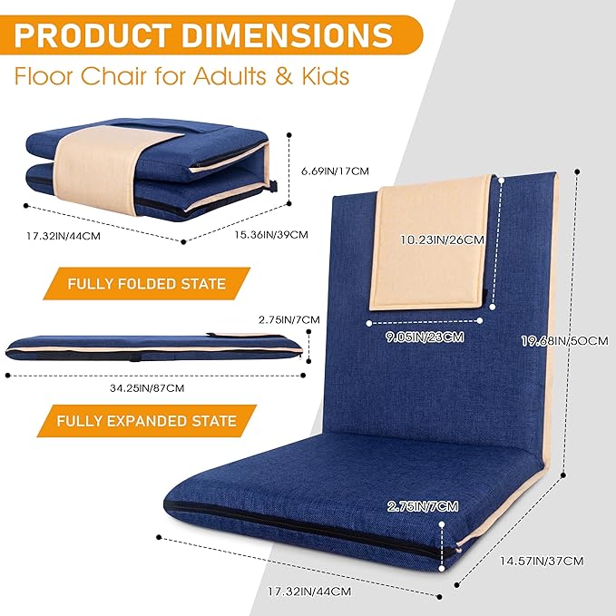 14-Position Adjustable Floor Chair with Back Support - Portable Gound Seating for Adults & Kids, Foldable Meditation Chair with Japanese KOYO Bearings & Washable Linen Cover (Blue)