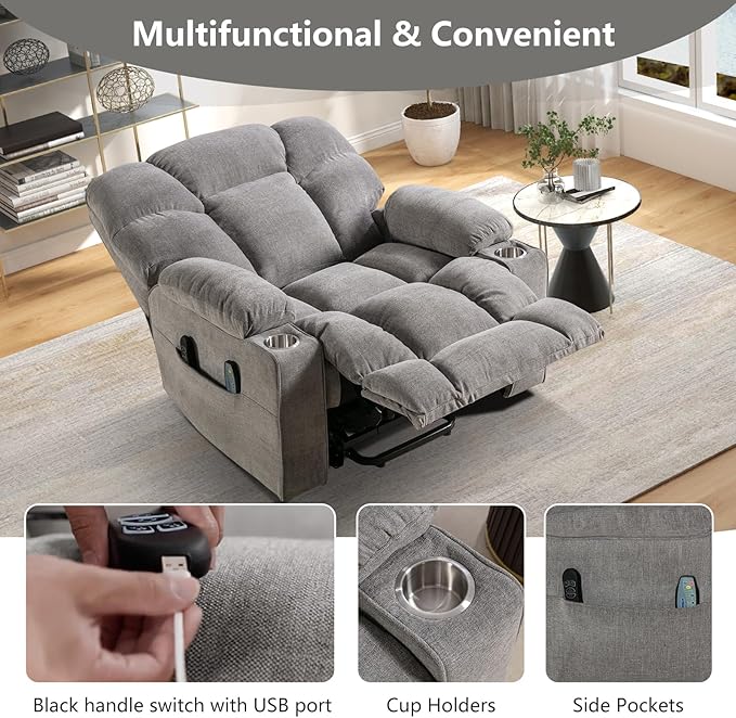 CANMOV Oversized Power Lift Recliner Chair for Elderly, Big and Tall Electric Recliner Chair with Massage and Heating, Dual Motor Heavy Duty Lift Recliner with USB Port, Cup Holders, Pockets, Grey