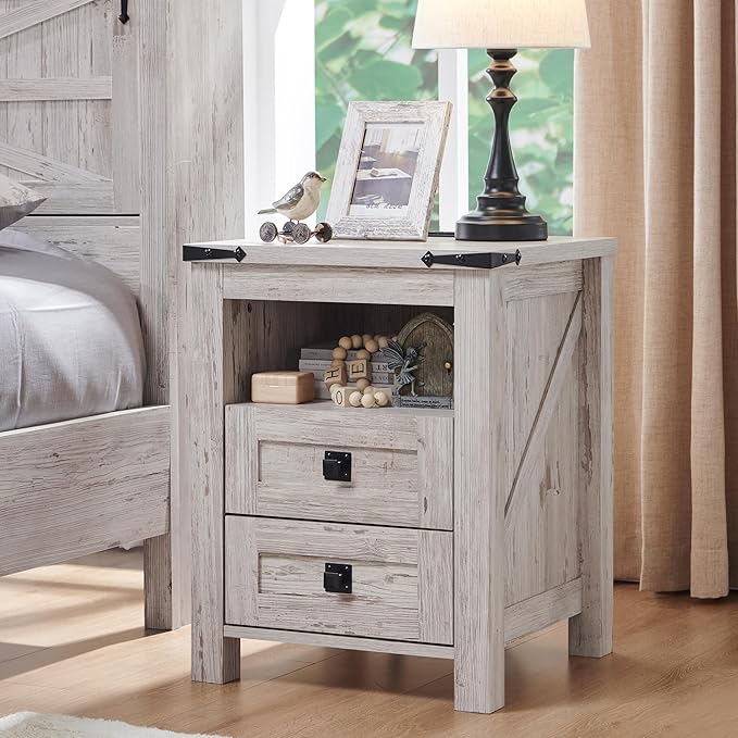 T4TREAM Nightstand with Charging Station, End Table, Side Table with 2 Drawers Storage Cabinet for Bedroom, Living Room, Farmhouse Design, Wood Rustic, Antique Brush White
