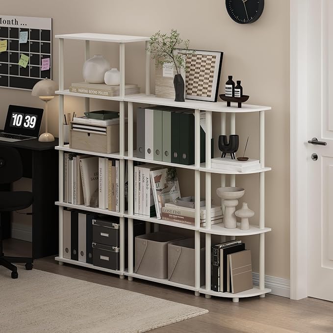 Furinno TURN-N-TUBE Storage Shelves, 5-Tier Book Shelf, Corner Shelf, Toolless Open Shelves, for Organization and Storage, Living Room, Garage, Home Office, White