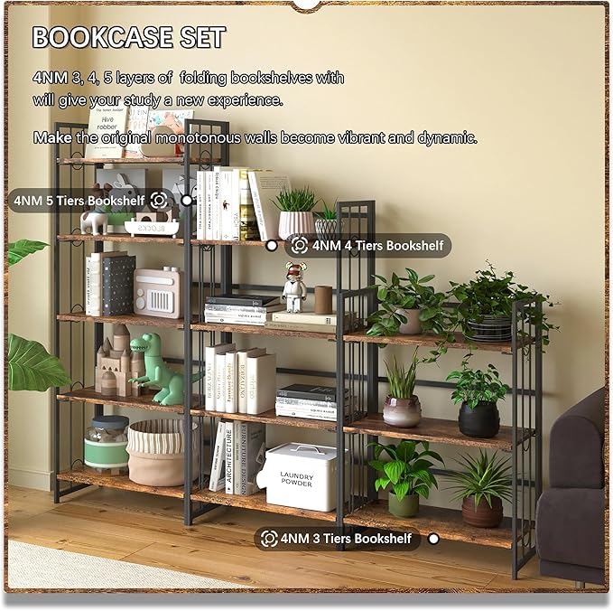 4NM No Assembly 5 Tiers Folding Bookshelf, 59.4" H Foldable Storage Shelves Vintage Bookcase Standing Racks Study Organizer Home Office - Rustic Brown Black