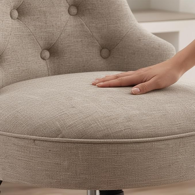 HUIMO Home Office Chair Upholstered Armless Linen Fabric Desk Chair with Wheels Adjustable Height Computer Desk Chair with Wooden Legs No Arms Swivel Chairs for Farmhouse Women Study Studio (Brown)