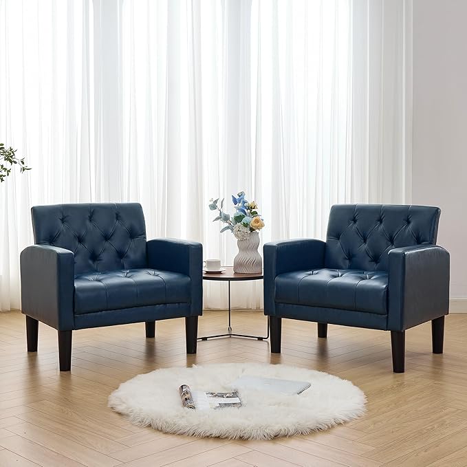 TYBOATLE Accent Chairs Set of 2 Comfy Living Room Chair Leather Tufted Mid Century Modern Accent Chair, Small Cozy Reading Arm Chair for Office, Bedroom (2, Blue)
