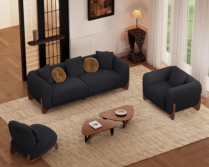 Morden Fort Modern Cloud Couch - 3 Seater Sherpa Boucle Sofa with Wood Legs, Ultra-Thick High Resilience Cushion with 3 Matching Pillows Upholstered Comfy Couch Sofa for Living Room - Black