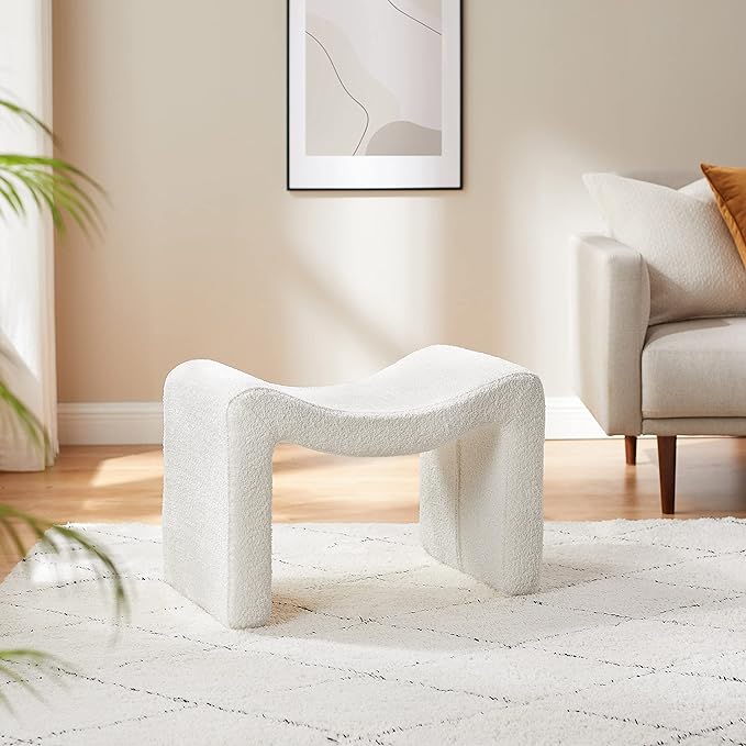 Modern Boucle Ottoman, Vanity Stool Chair, Foot Stool with Wooden Legs Sofa Bench Footstool Extra Seat for Vanity, Makeup Room, Living Room, Entryway, Set 2, White
