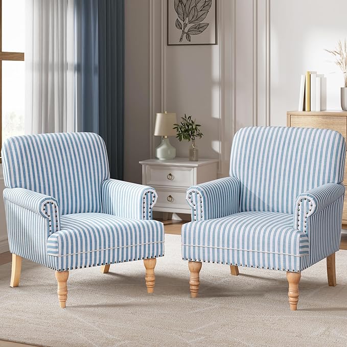 HUIMO Linen Fabric Accent Chairs Set of 2, Mid-Century Modern Armchair with Solid Wood Legs, Single Sofa Chair,Upholstered Reading Club Chair (2, Blue and White Stripe)