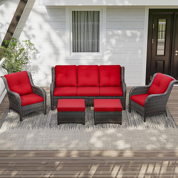 Patio Conversation Set 5-PCS Wicker Outdoor Furniture Conversation Set with 3-Seat Sofa, 2 Armchair, 2 Ottoman Patio Rattan Wicker Sectional Sofa Set with Olefin Cushion, Red