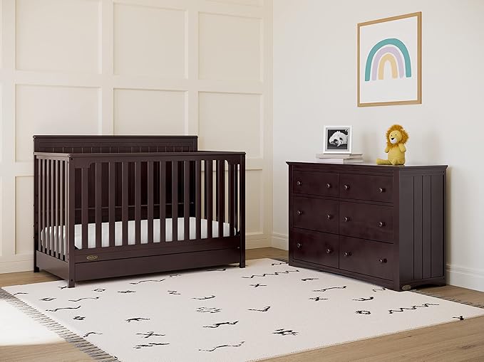 Graco Hadley 5-in-1 Convertible Crib with Drawer (Espresso) – GREENGUARD Gold Certified, Fits Standard Crib Mattress, Converts to Toddler Bed, Daybed and Full Bed, 4 Adjustable Mattress Heights