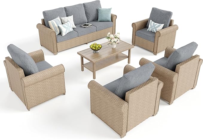 Patio Furniture Set 6 pcs, Wicker Rattan Outdoor Furniture with 5.5” Thick Cushions, 3-Seat Sofa, 4 Chairs and Coffee Table, Outdoor Conversation Set for Garden Backyard Deck, 7 Seats Grey