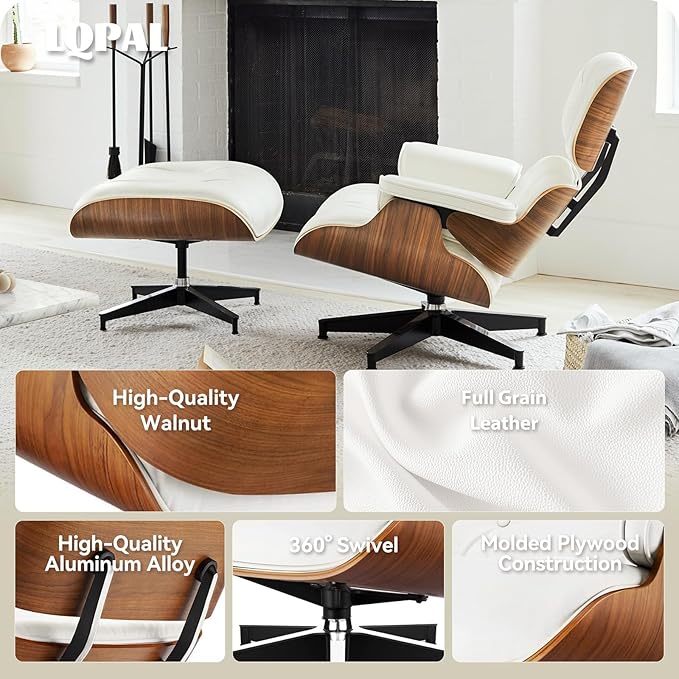 Top White Grain Leather, Mid Century Chaise Lounge Chair and Ottoman, Modern Chair Classic Design, Walnut Wood, Heavy Duty Base Support for Living Room Office
