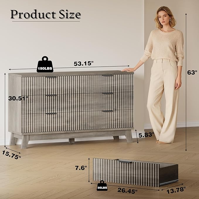53" Long Dresser for Bedroom, 6-Drawer Dresser with Fluted Fronts, Wide Wood Chest of Drawers, Smooth Metal Slides, Stable Base, Modern Clothes Storage Cabinet for Living Room, Hallway