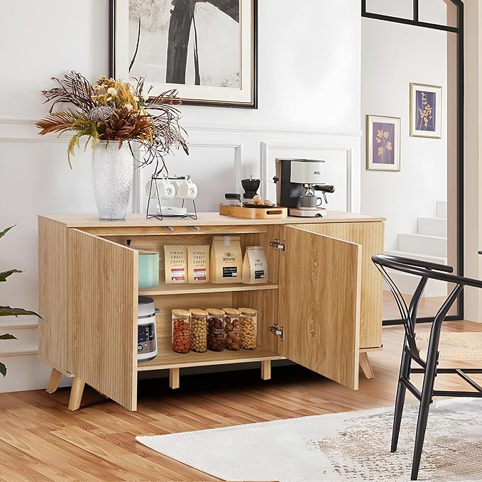 Fluted Sideboard Buffet Cabinet with Storage, Modern Storage Cabinet with 3 Doors, Wood Credenza Buffet Sideboards, Bar Cabinets Console Table for Kitchen Dining Living Room Entryway (Natural)