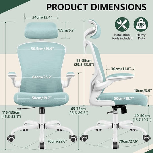 FelixKing Ergonomic Office Chair with Adjustable High Back, Breathable Mesh, Lumbar Support, Flip-up Armrests, Executive Rolling Swivel Comfy Task Computer Chair for Home Office (Light Blue)
