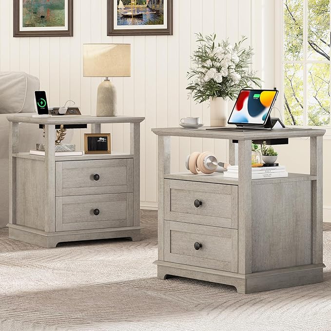 HIFYOBRO Large End Table Set of 2, 2 Drawers and Hidden Charging Station, Type-C & USB Port & Power outlets, Wooden End Table, Side Table with Storage for Living Room and Bedroom