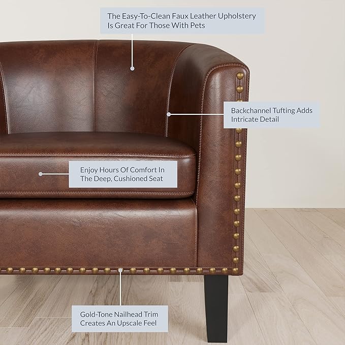 BELLEZE Accent Barrel Chair, Set of 2 Modern Faux Leather Tub Club Chair Upholstered Armchair with Gold Nail Head Trim and Black Legs for Living Room Bedroom Apartment Lounge - Brown