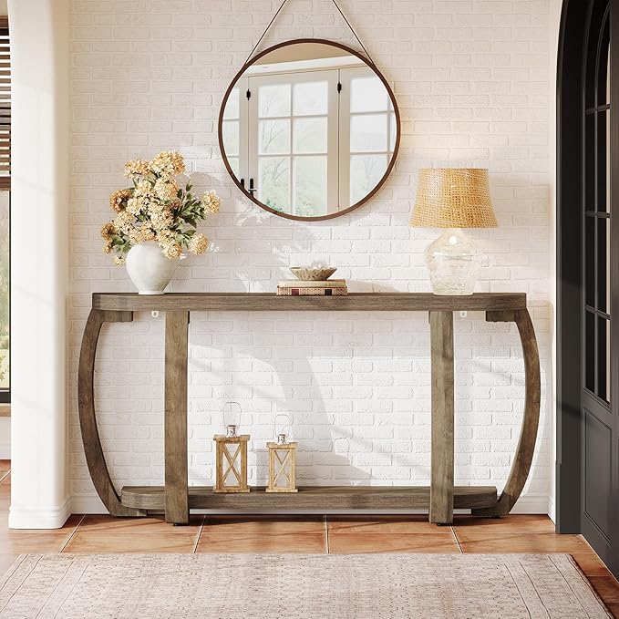 Tribesigns Farmhouse Wooden Console Table with Open Shelf, 63-Inch Long Sofa Entryway Table with Curved Legs for Living Room, Hallway, Entrance