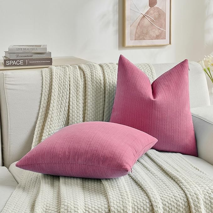 FUTEI Hot Pink Decorative Throw Pillow Covers 22x22 Inch Set of 2,Soft Cozy Wheat Ear Striped Patterns Cushion Cases,Modern Home Decor for Couch Bed Living Room