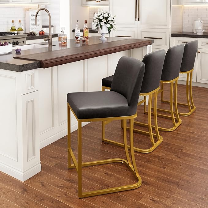 PHI VILLA Grey and Gold Bar Stools Set of 4, Faux Leather Counter Height Chairs, Kitchen Stools for Island, 24 Inch Barstools with Back