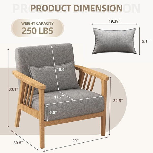 Mid-Century Modern Accent Chair, Linen Armchair and Lounge Chair with Lumbar Pillow, Wide Seat & Solid Wood Frame for Living Room, Bedroom or Balcony (Light Gray)