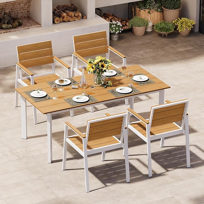 Outdoor Dining Set for 4, Patio Table and Chairs Set with Umbrella Hole, 5 Pieces HDPS Outdoor Furniture Sets for Patio, Garden, Backyard (White & Teak)