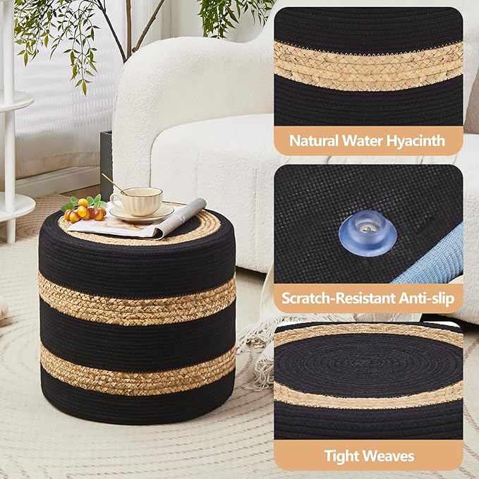 Wimarsbon 18'' Ottoman Pouf, Natural Braided Poof, Rustic Handweave Lounge Pouffe, Boho Footrest Stool for Bedroom, Accent Table or Seat for Living Room (Natural Water Hyacinth + Black Cotton Rope)