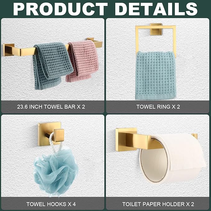 Gisafai 10 Pcs Bathroom Hardware Accessories Set 23.6 Inch Bath Towel Bar Kit Stainless Steel Bathroom Hardware Set Towel Racks Ring Hooks Paper Holder for Wall Mounted (Gold)