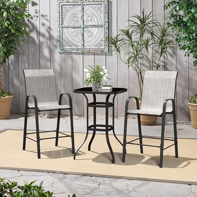 Amopatio Outdoor Stools Set of 2, Comfortable All-Weather Textile Bar Height Patio Chairs, Sturdy High Back Outdoor Chairs for Backyard, Porch, Light Grey