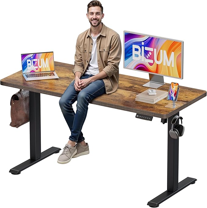 BIZUM Electric Standing Desk, 55" x 24" Height Adjustable Desk, Rustic Brown Sit to Stand Desk Memory Gaming Computer Workstation for Home Office