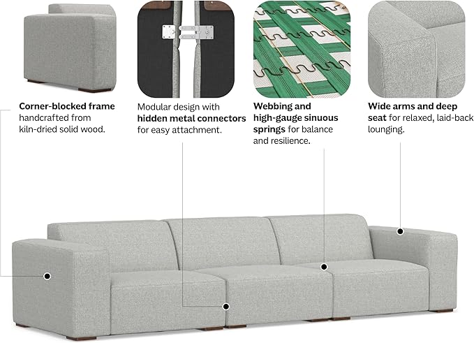 SIMPLIHOME Rex 3-Seater Modular Sofa in 100% Recycled Polyester Tightly Woven Performance Fabric, Pale Grey, 122-inches Wide, Handcrafted Modern-Style Couch for Living Room and Family Room