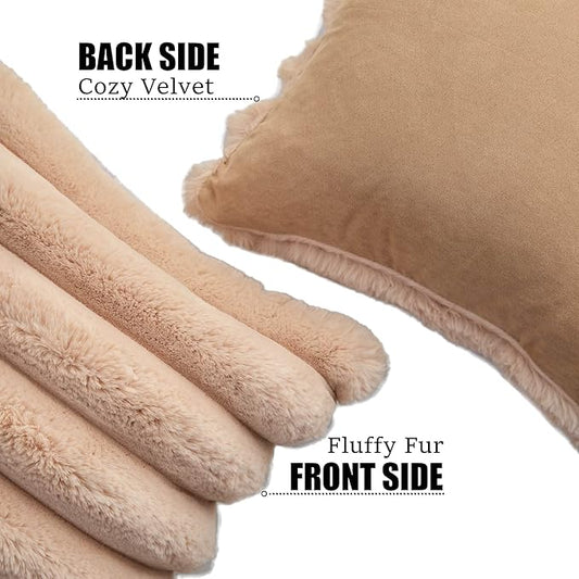 Neelvin Camel Faux Fur Cozy Soft Striped Decorative Throw Pillow Covers 20x20 inch Set of 2,Velvet Pillowcase Cushion Case for Sofa Couch