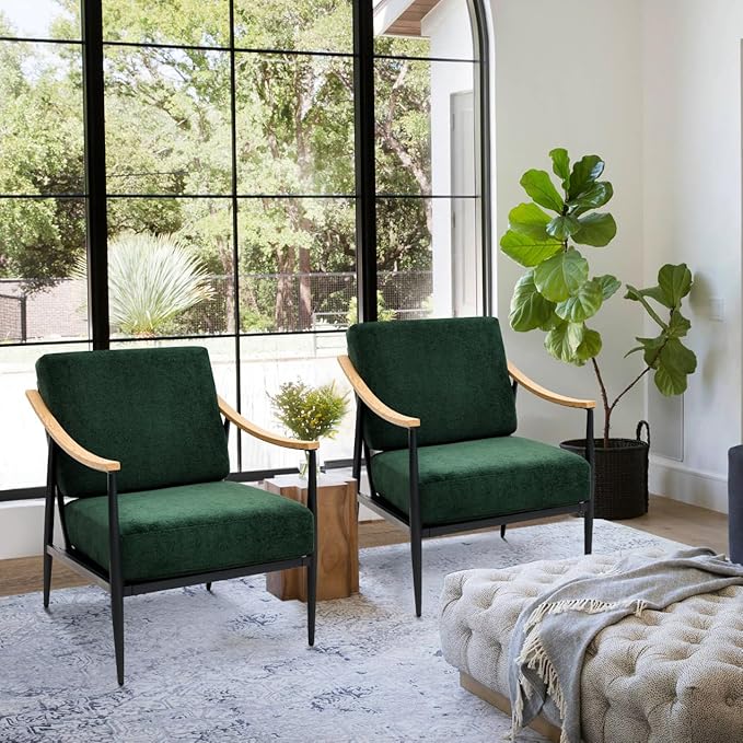 Modern Accent Chairs Set of 2 for Living Room Bedroom Mid Century Arm Chairs Upholstered Office Accent Chairs Comfy Waiting Room Chairs with Metal Frame, Green