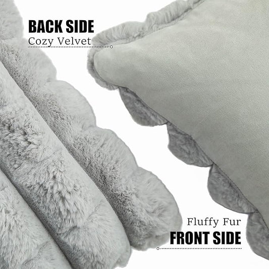 Neelvin Grey Faux Fur Cozy Soft Plaid Decorative Throw Pillow Covers 16x16 inch Set of 2,Velvet Pillowcase Cushion Case for Sofa Couch
