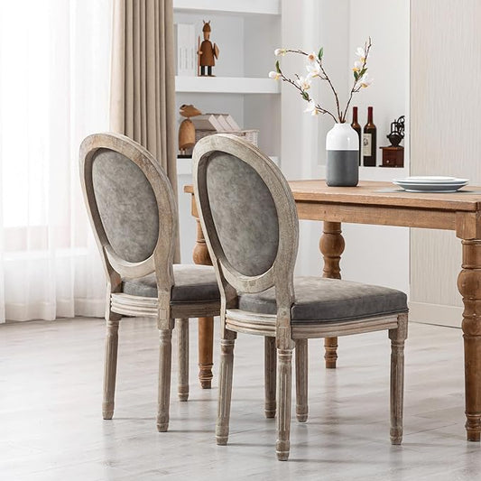 Farmhouse Leather Dining Room Chairs Set of 2 French Dining Chairs with Round Back, Wood Legs, French Bistro Chairs for Dining Room/Living Room/Kitchen/Restaurant, Grey