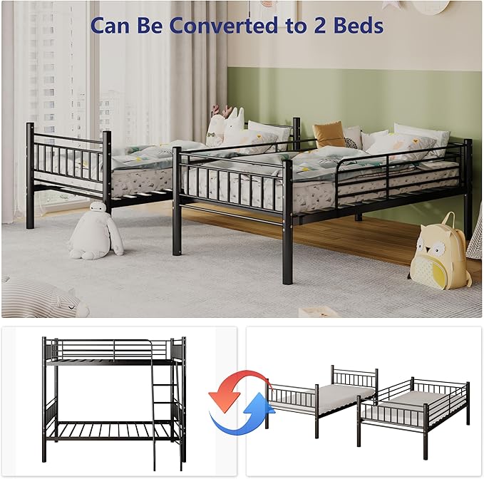 Metal Bunk Bed Twin Over Twin,Loft Bed with Removable Ladder and Full-Length Guardrail,Twin Bunk Beds Frame Heavy Duty Metal Slat Support for Adults, Kids and Young Teens (Black)