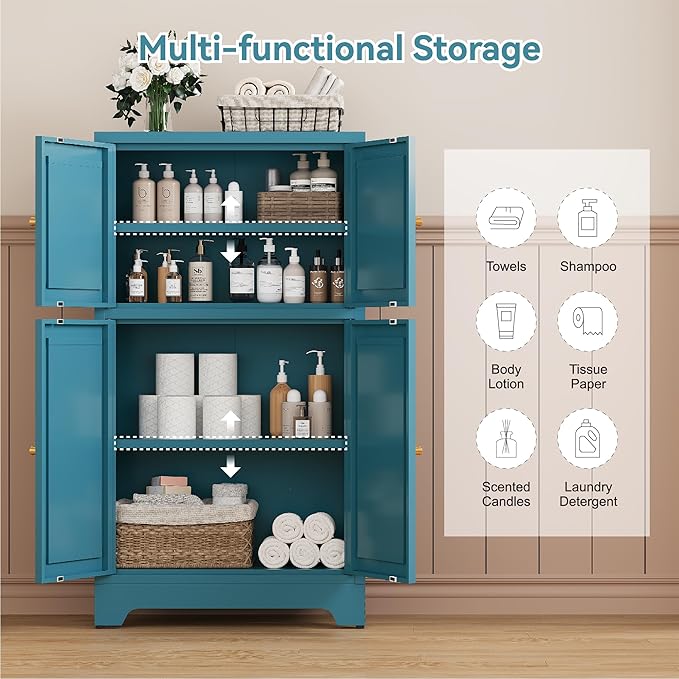 Bathroom Floor Storage Cabinet, Freestanding Accent Cabinets with 4 Doors and 2 Adjustable Shelves,Blue Metal Locker Cabinets for Restroom, Kitchen,Living Room,Hallway