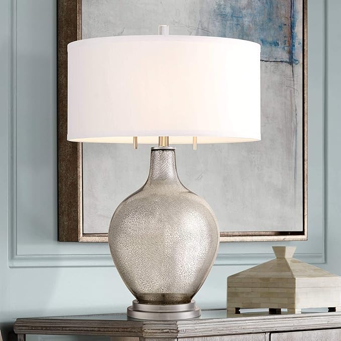 Possini Euro Design Louie 28 1/2" Tall Modern Luxe End Table Lamp Silver Mercury Glass Single Fabric White Shade Living Room Bedroom Bedside Nightstand House Office Home Reading Kitchen Entryway