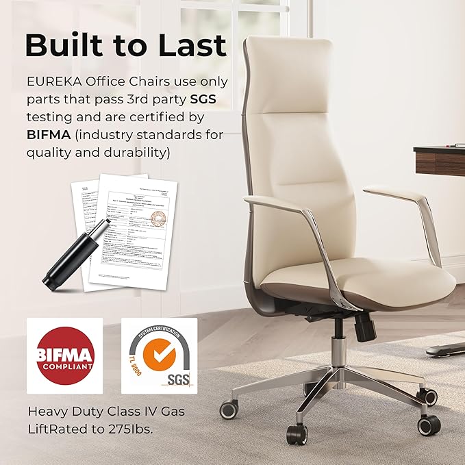 EUREKA ERGONOMIC Royal Slim Executive High Back Beige Leather Office Chair, Home Desk Chair for Adults, Big and Tall with Wheels, Swivel Rolling
