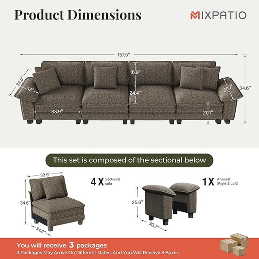 157.5" Cloud Modular Sectional Sofa, 4-Seater w/Deep Seat & Removable Arms, Plush Chenille for Living Room - Smoky Gray
