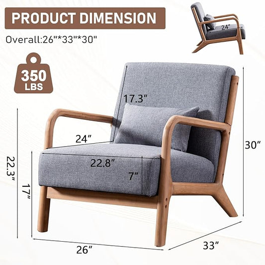 ANJHOME Mid Century Modern Accent Chair, Single Fabric Lounge Reading Armchair with Solid Wood Frame, Easy Assembly Arm Chairs for Living Room, Grey
