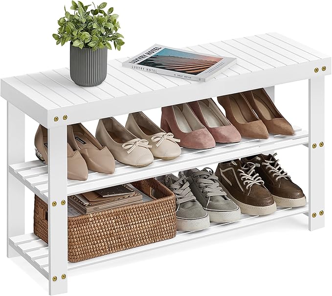 SONGMICS Shoe Rack Bench, 3-Tier Bamboo Shoe Storage Organizer, Entryway Bench, Holds Up to 286 lb, 11.3 x 35.4 x 17.8 Inches, for Entryway Bathroom Bedroom, Cloud White ULBS090W01